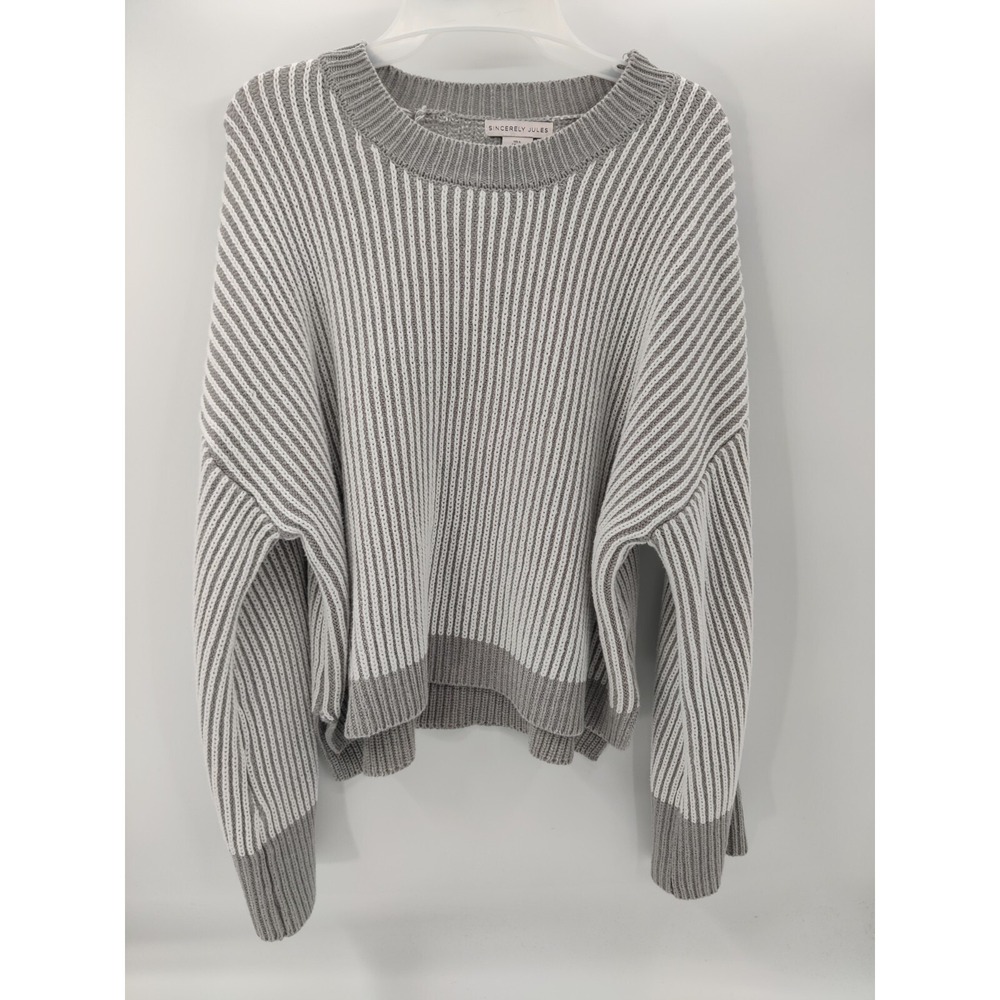 Sincerely Jules Striped‎ Knit Oversized Sweater Women's Large Gray White Casual